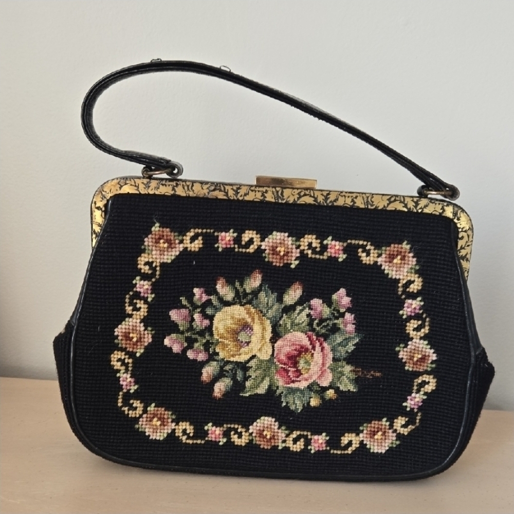 Vintage Petit Point Needlework Purse In Black - Picture 1 of 9
